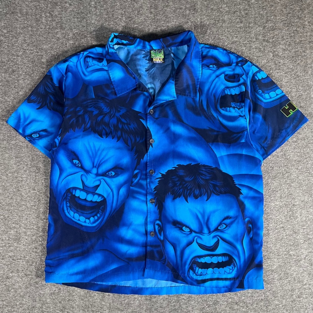 Vintage 2002 Marvel The Incredible Hulk All Over Print Blue Button Down Shirt XL